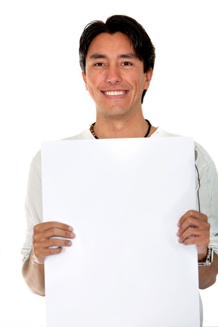 casual man displaying a banner ad isolated over a white background