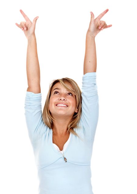 happy woman full of success with her arms up ? isolated over white