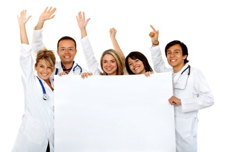 group of cheerful doctors holding a banner ad isolated over white