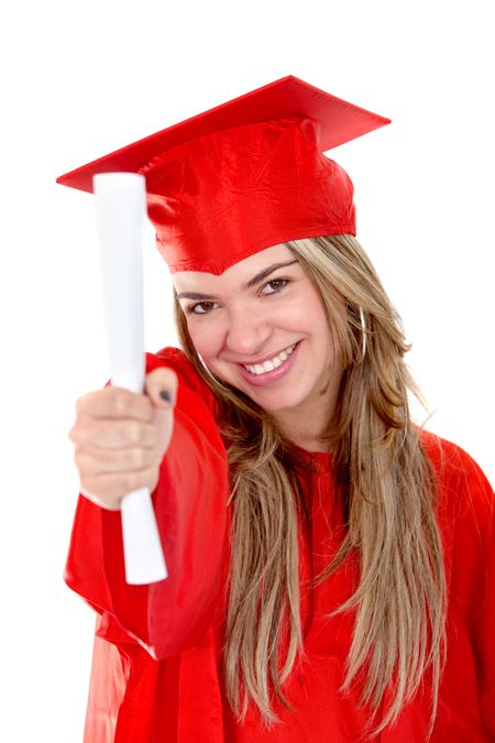 Happy graduate woman with her diploma isolated over a white background
