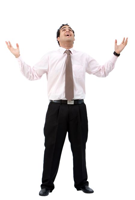 business man standing with his arms up representing his success isolated over a white background