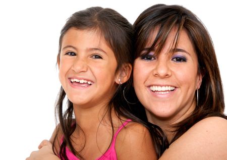 Beautiful portrait of a mother with her daughter isolated over a white background