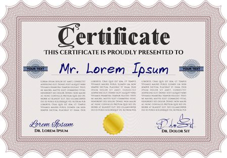 Diploma or certificate template. Lovely design. Vector illustration. With complex background. Red color.