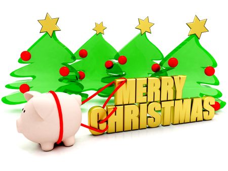 Pig carrying a merry christmas sign with trees behind it - isolated on white