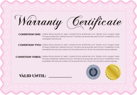 Sample Warranty certificate. With guilloche pattern and background. Excellent complex design. Vector illustration. 