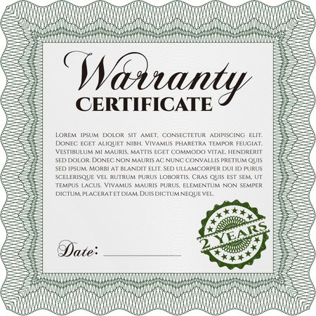 Sample Warranty certificate. Excellent complex design. Vector illustration. With guilloche pattern and background.