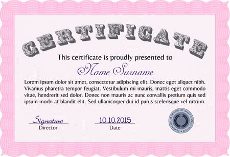 Diploma or certificate template. With complex background. Lovely design. Vector illustration. Pink color.