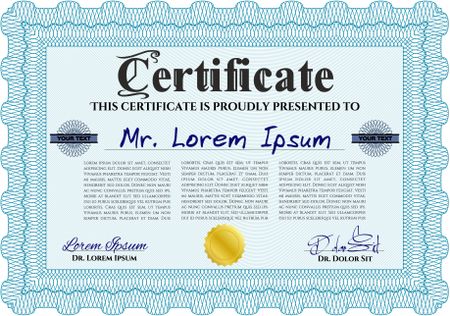 Sample Certificate. With quality background. Vector pattern that is used in money and certificate. Artistry design. Light blue color.