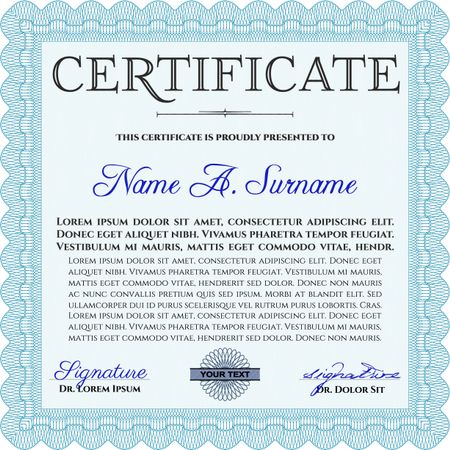 Light blue Diploma template or certificate template. Complex background. Vector pattern that is used in currency and diplomas.Beauty design. 