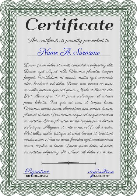 Certificate. Detailed. Complex design. Printer friendly. Green color.