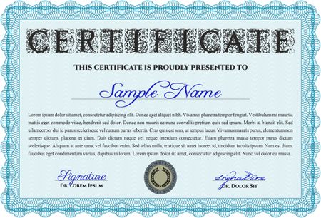 Diploma or certificate template. Lovely design. Vector illustration. With complex background. Light blue color.
