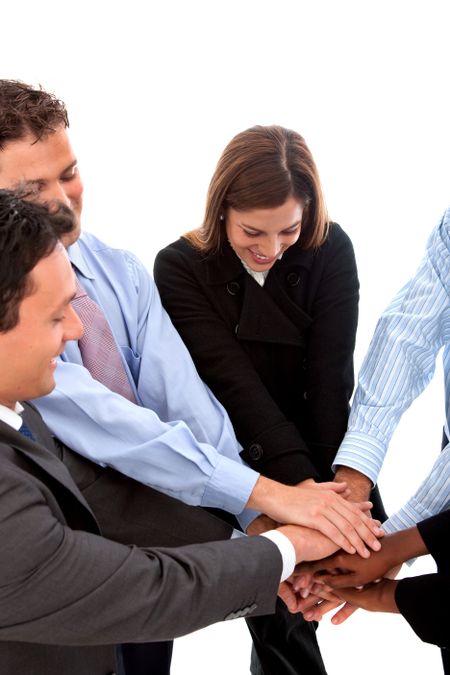 Business people team work with hands together isolated on white