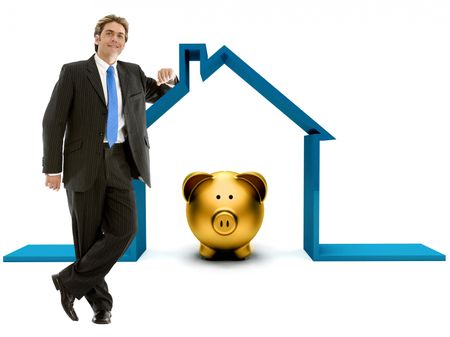 business man leaning on a house with a piggybank inside isolated on white