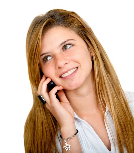 girl talking on the phone isolated over a white background