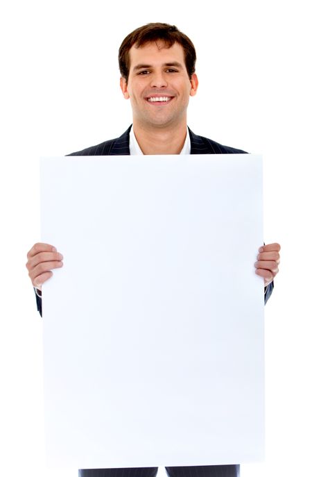 Businessman holding a banner ad isolated on white