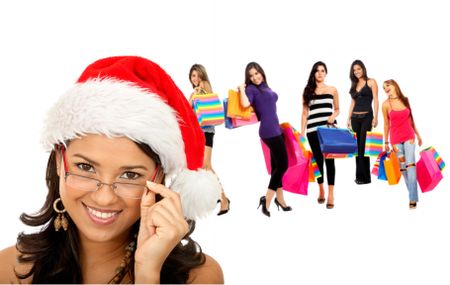 Christmas woman with shopping women behind isolated over a white background