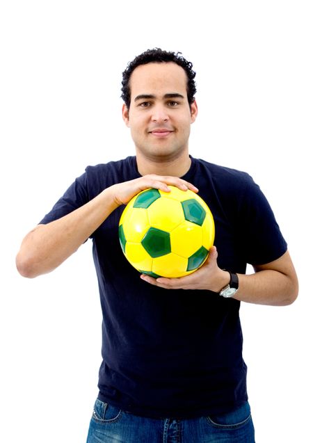Man with a football isolated over a white background