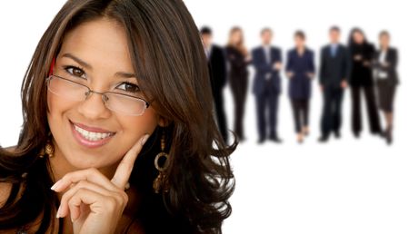 Business woman with a group behind isolated over a white background