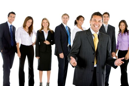 Happy business man with a group isolated over a white background