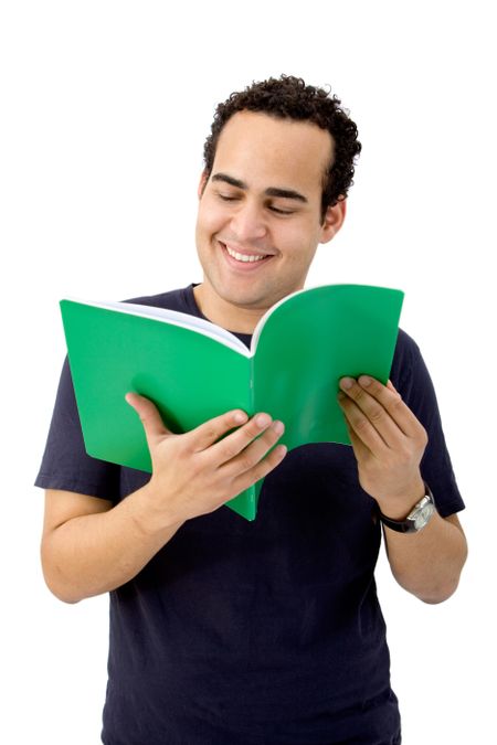 Man reading a book isolated over a white background