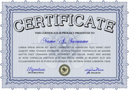 Blue Certificate. Printer friendly. Complex design. Detailed. 