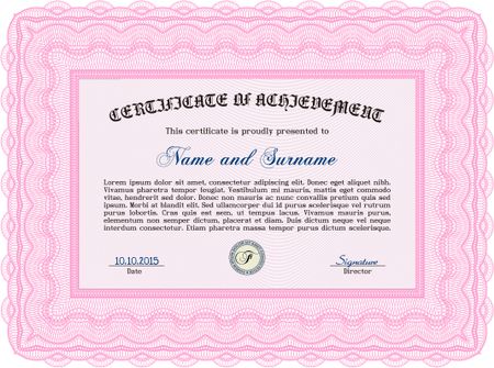 Pink Diploma template. Excellent design. With complex background. Vector illustration. 