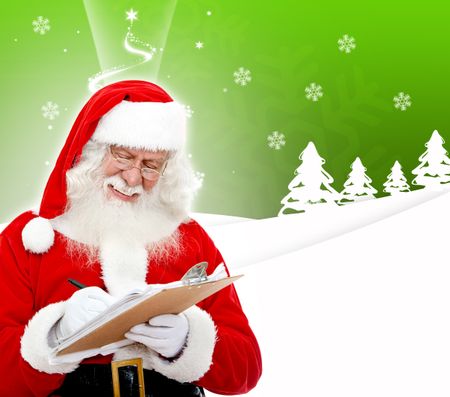 Portrait of Santa Claus writing a list over a Christmas background