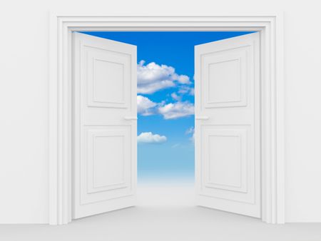 illustration of a double door with a blue sky and some clouds