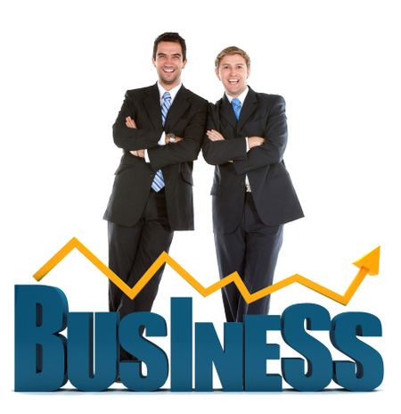 business men behind a 'business' sign isolated over a white background