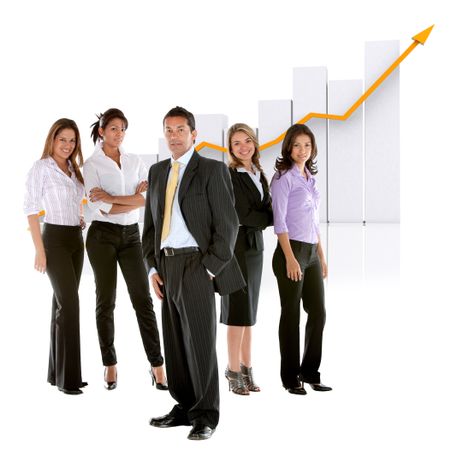 Business man among business women isolated over white