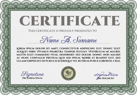 Certificate. Printer friendly. Complex design. Detailed. Green color.