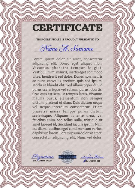 Diploma or certificate template. Complex background. Vector pattern that is used in currency and diplomas.Superior design. Red color.