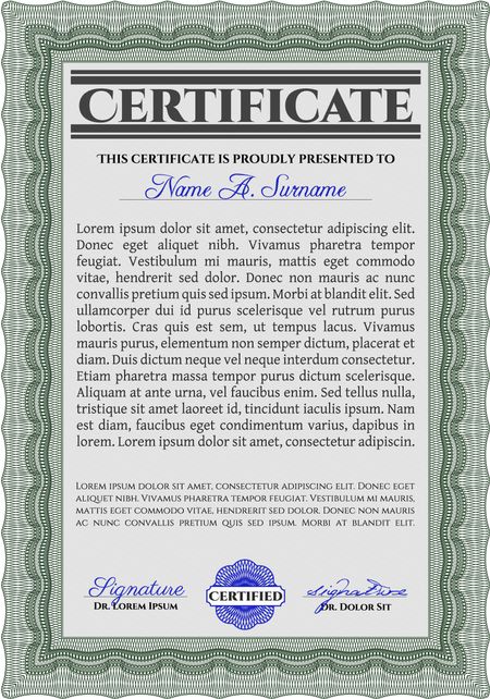 Certificate template. Printer friendly. Detailed. Nice design. Green color.
