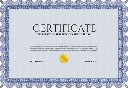 Diploma or certificate template. Vector illustration. Lovely design. With complex background. Blue color.