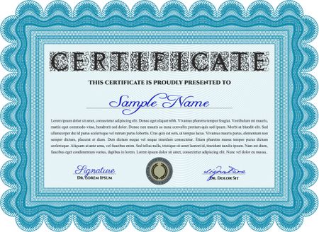 Light blue Diploma or certificate template. Complex background. Vector pattern that is used in currency and diplomas.Superior design.