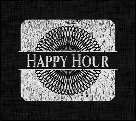 Happy Hour chalk emblem written on a blackboard