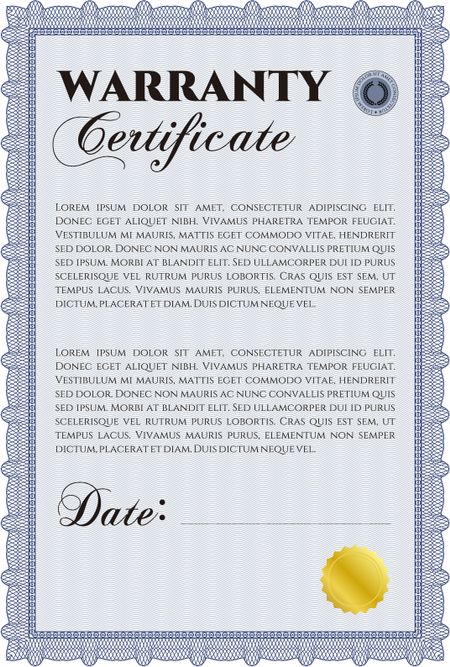Sample Warranty certificate template. Vector illustration. With guilloche pattern and background. Elegant design. 
