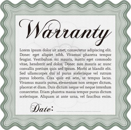 Sample Warranty certificate template. With guilloche pattern and background. Vector illustration. Excellent complex design. 