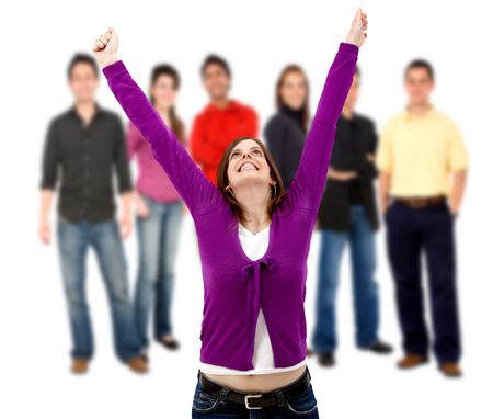 successful woman with a group of casual people smiling and standing isolated over a white background