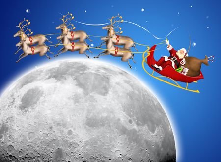 Santa Claus in his deer sled around the moon