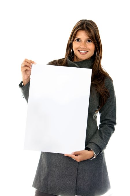 Beautiful happy woman holding a banner isolated on white