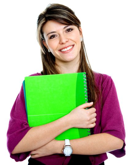 beautiful female student with a notebook isolated over a white background