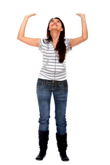 Woman pushing shomething upwards isolated over a white background
