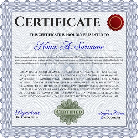 Blue Diploma or certificate template. Lovely design. Vector illustration. With complex background. 