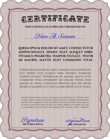 Diploma template. Excellent design. Border, frame. With background. Red color.