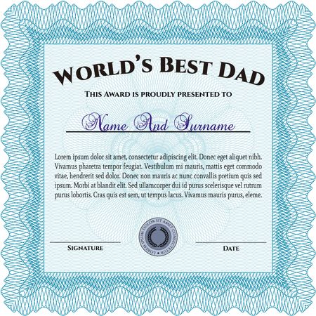 Best Father Award Template. Vector illustration. Elegant design. With guilloche pattern and background. 