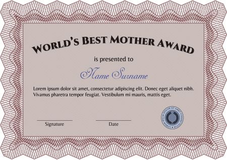 Best Mother Award Template. Vector illustration. Elegant design. With guilloche pattern and background. 