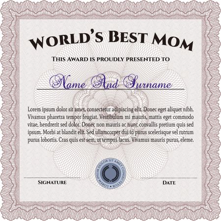 Best Mother Award Template. Vector illustration. With guilloche pattern. Retro design. 