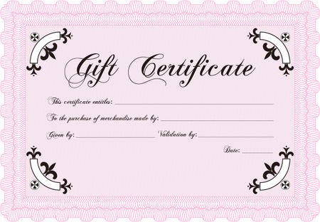 Formal Gift Certificate template. Vector illustration. Elegant design. With guilloche pattern and background. 