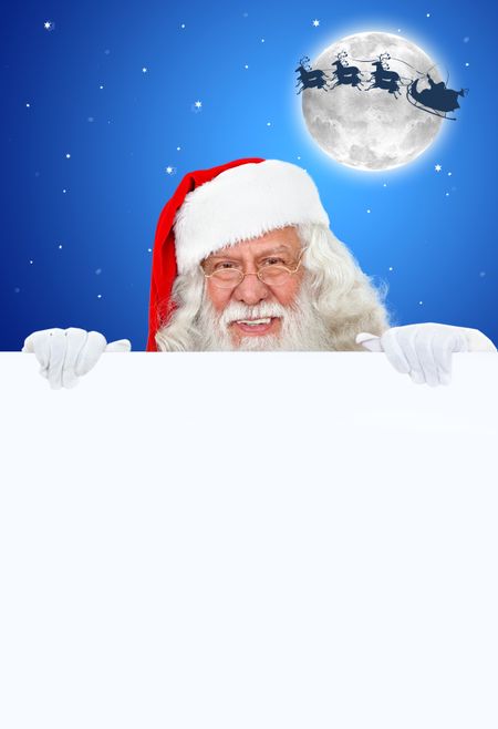 Santa Claus with a banner over a Christmas background